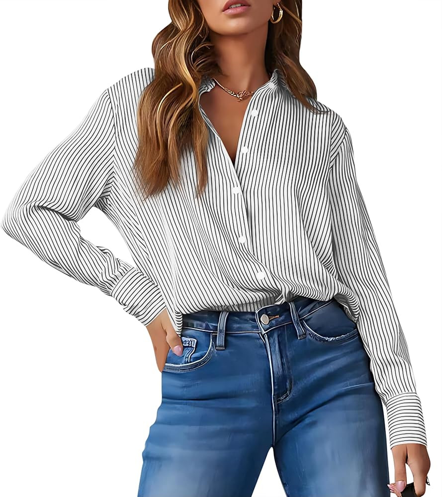 OMSJ Women’s Striped Button Down Shirts Casual Long Sleeve Stylish Collared Office Work Blouses... | Amazon (US)