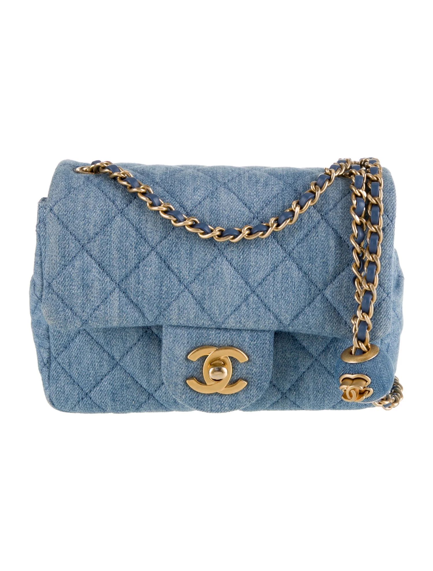 Denim Pearl Crush Square Mini Flap Bag | The RealReal