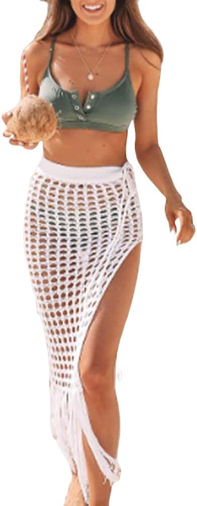 Lizxun Women Sexy Hollow Out Mesh Tassle Skirts Beach Cover Up Summer Fish Net Beachwear Knitted ... | Amazon (US)