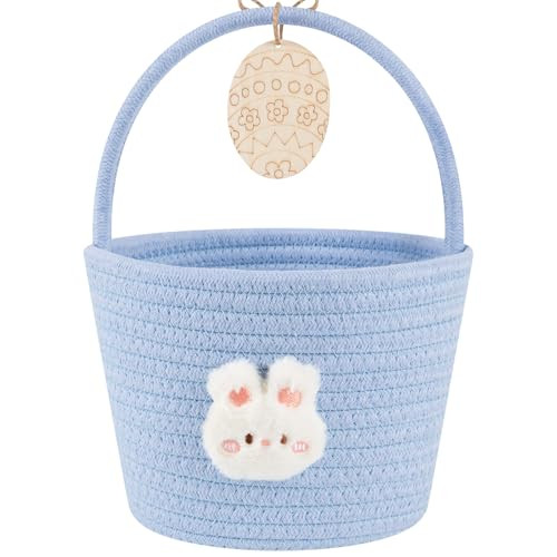 OIAHOMY Easter Basket with Handle, Personalized Bunny Easter Basket for Kids, Woven Rope Gift Empty for Eggs, Baby Treasure Hunt Baskets with Wooden Card for Boys and Girls - Blue | Amazon (US)