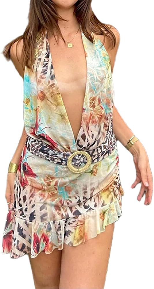 Women Y2K Halter Mini Dress Ruffle Mesh V Neck Going Out Dress Open Back Bodycon Party Dresses Be... | Amazon (US)