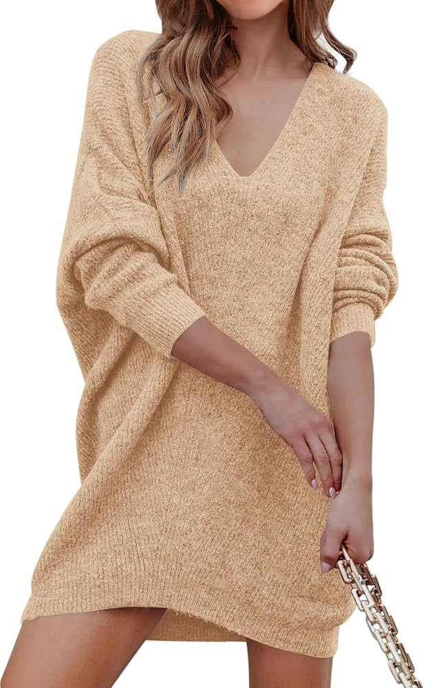 PRETTYGARDEN Women's Pullover Sweater Dress Casual Long Sleeve Ribbed Knit V Neck Loose Oversized... | Amazon (US)