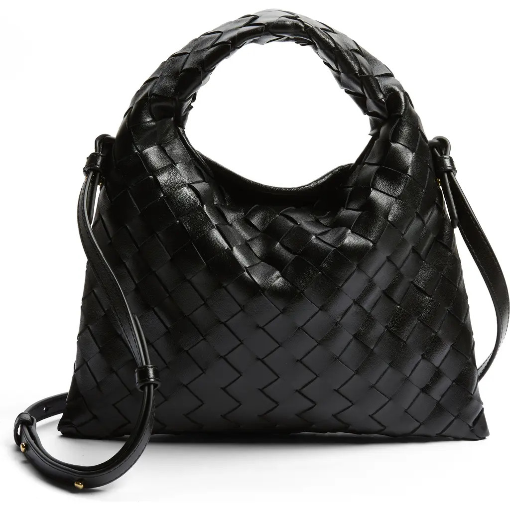 Bottega Veneta Mini Hop Intrecciato Leather Hobo Bag in Black Brass/Black at Nordstrom | Nordstrom