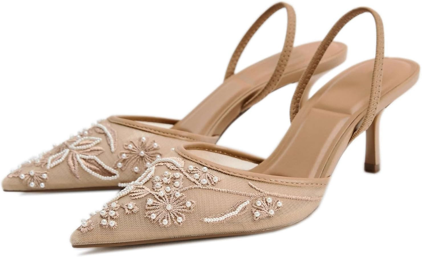 Kluolandi Women's Embroidered Slingback Kitten Heels with Pearls Breathable Mesh Pointed Toe Pump... | Amazon (US)