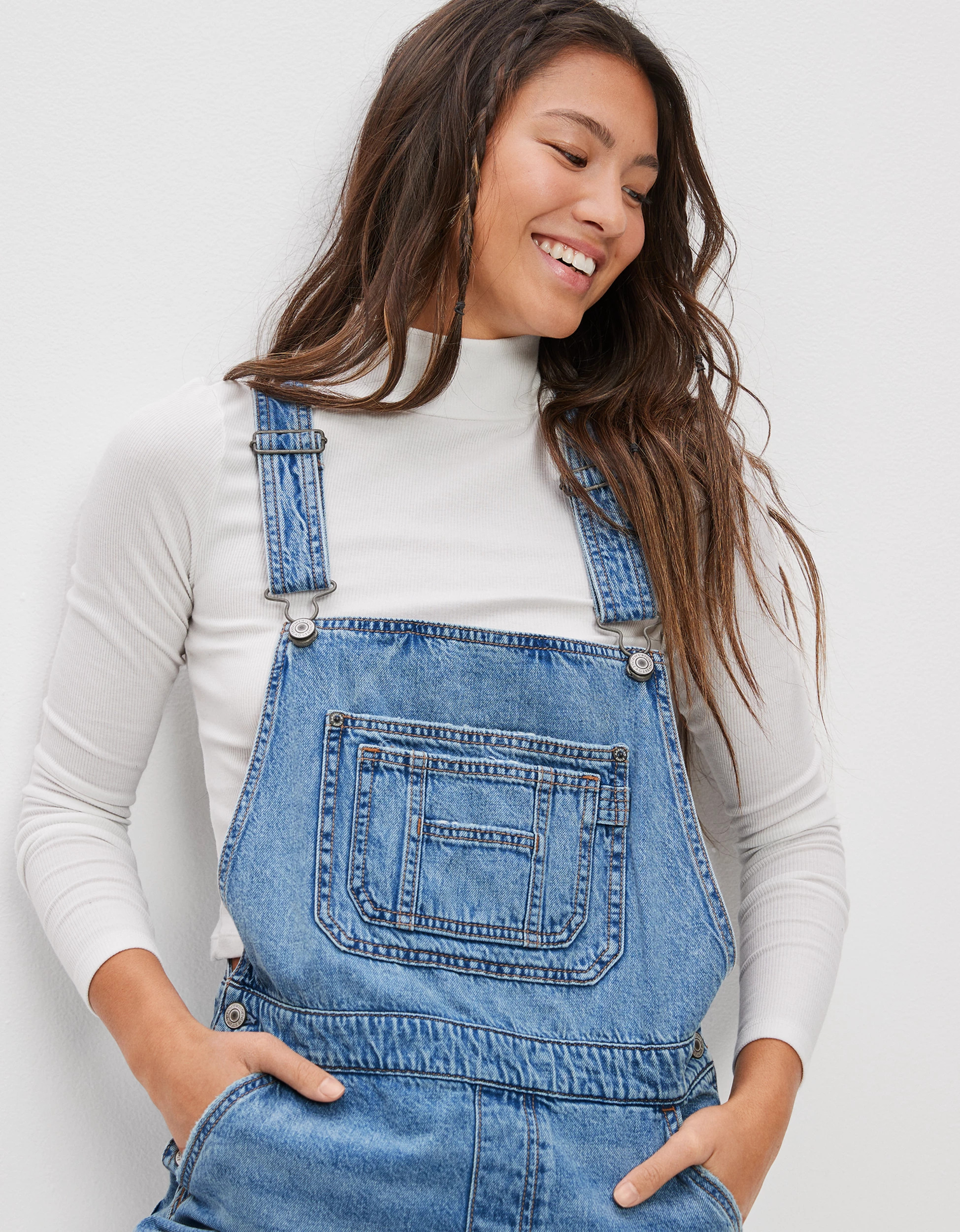 AE Dreamy Drape Denim Baggy Overall Short | American Eagle Outfitters (US & CA)