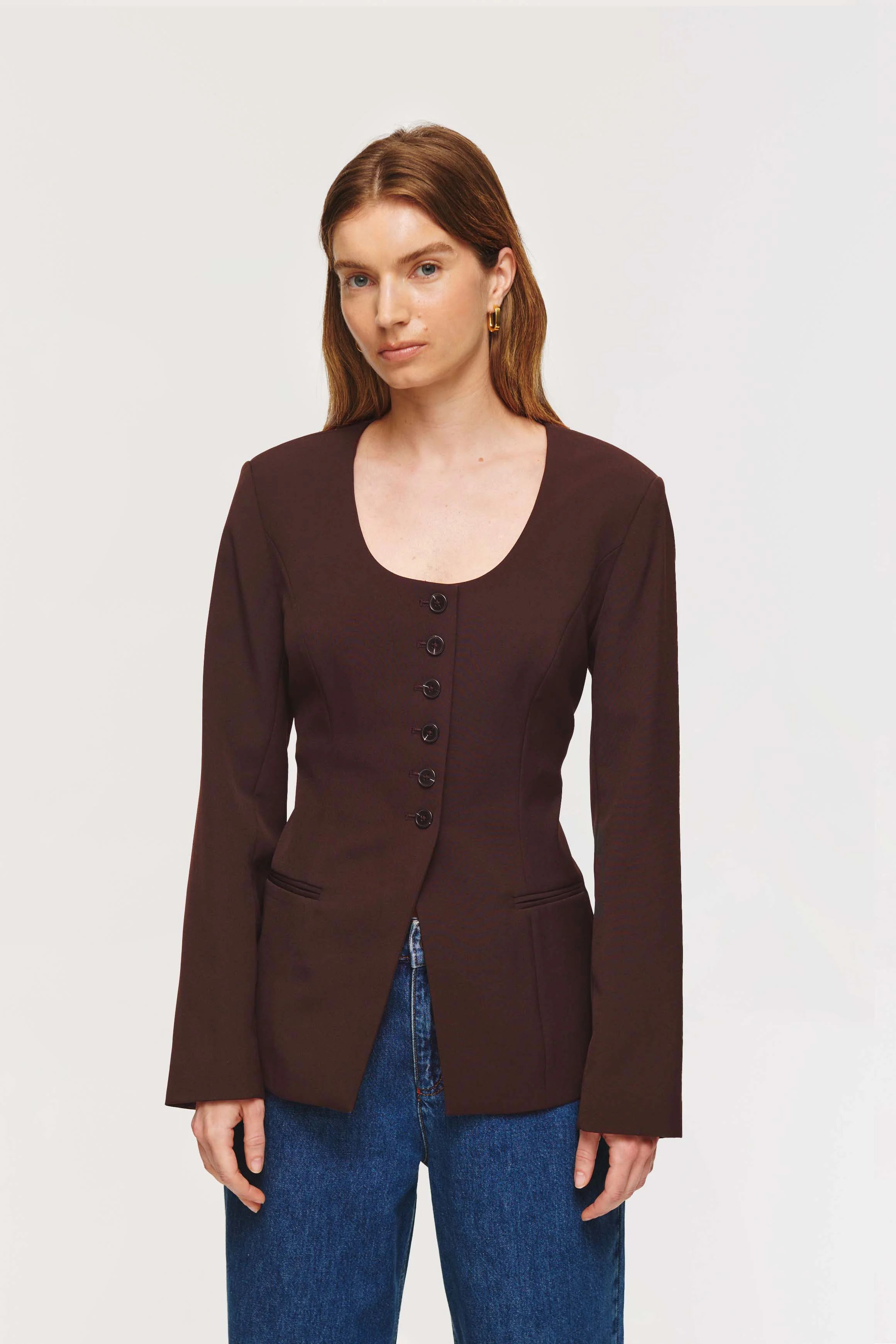 Daphne | Long Waisted Scoop Blazer in Chocolate | ALIGNE | Aligne UK