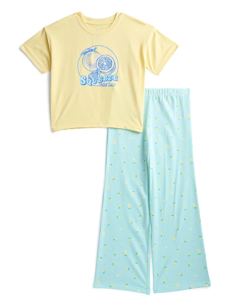 Wonder Nation Girls Short Sleeve Tee and Pants Pajama Set, 2-Piece, Sizes 4-18 | Walmart (US)
