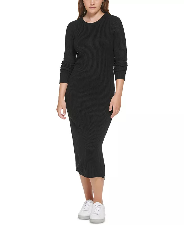 Women's Ribbed Long Sleeve Crewneck Side Slit Dress | Macys (US)