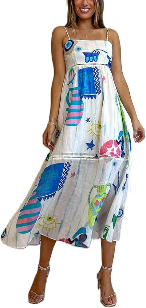 NUFIWI Women Boho Graffiti Cami Long Dress Graphic Spaghetti Strap Flowy Maxi Dress Square Neck C... | Amazon (US)