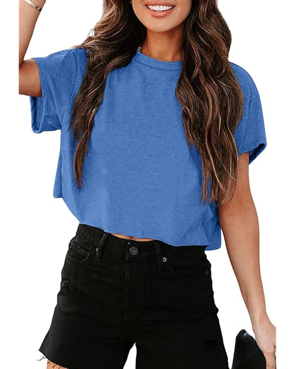 Tankaneo Women Short Sleeve Cropped T-Shirts Crew Neck Loose Crop Tops Summer Casual Drop Shoulde... | Amazon (US)