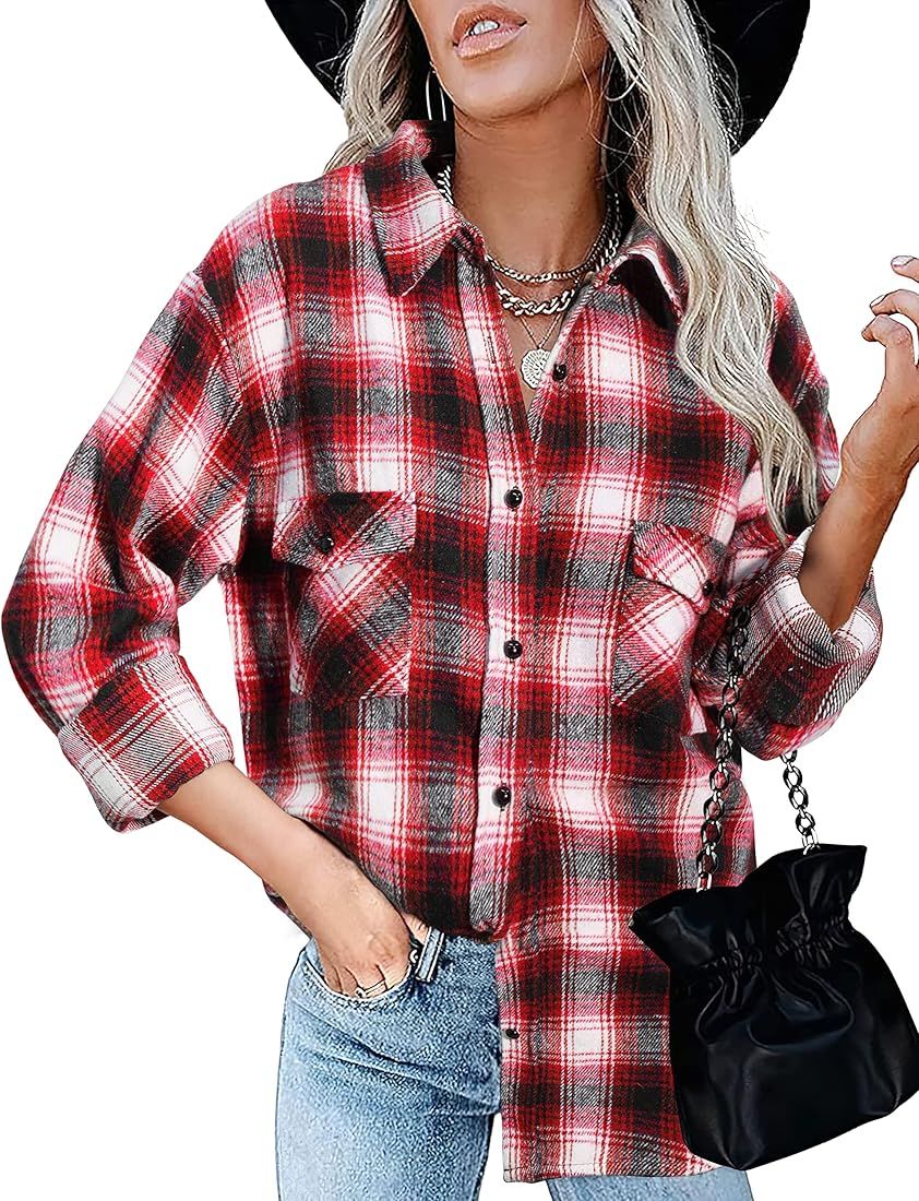 BTFBM Women Long Sleeve Shirts Button Down Plaid Casual Flannel Shirt Boyfriend Blouse Top Jacket... | Amazon (US)
