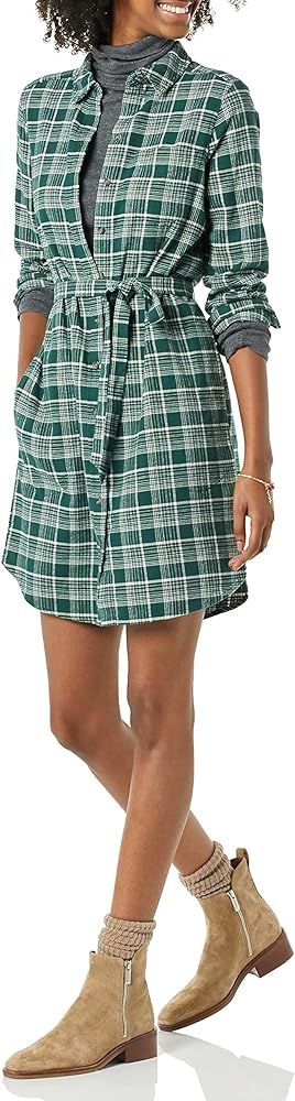 Amazon.com: Goodthreads Women's Brushed Flannel Relaxed-Fit Belted Shirt Dress, Dark Green, Plaid... | Amazon (US)