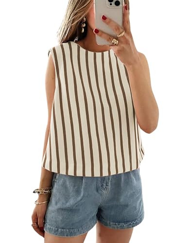 Xiaoxuemeng Womens Striped Top Sleeveless Cotton Tank Top Crewneck Casual Summer Vests(Khaki-M) a... | Amazon (US)