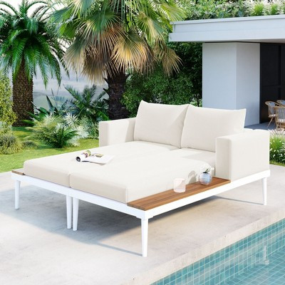 Whisen Modern Outdoor Daybed Patio Daybed with Wood Topped Side Spaces for Drinks, 2 in 1 Padded Chaise Lounges - Beige | Target
