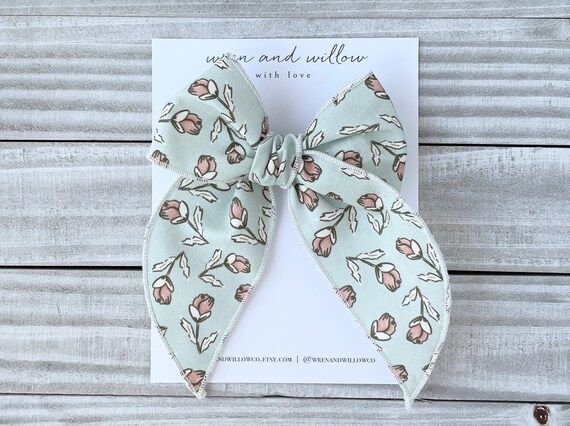 Sage Blossom Fable Bow - Classic Fable Bow - Oversized Long Tail Bow - Floral Hair Bow - Sailor B... | Etsy (US)