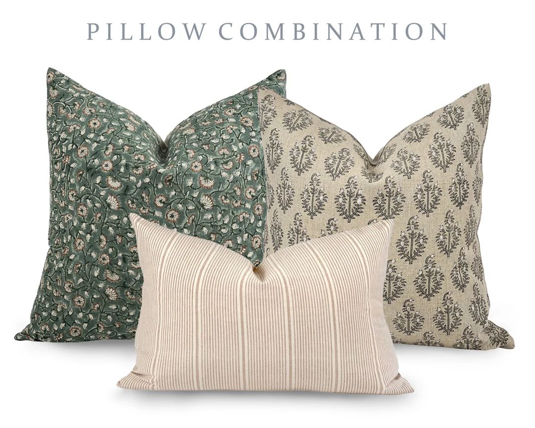 PILLOW COMBO Fall Pillow Combination, Green Floral Pillow, Sand Floral Pillow, Tan Stripe Pillow,... | Etsy (US)