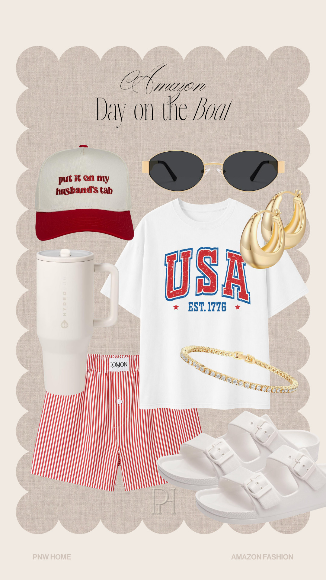 The perfect Amazon finds for a 4th of July look on the boat!

summer fashion, summer outfit, summer looks, summer style, mom look, mom style, mom outfit, 4th of July look, Independence Day look, USA t-shirt, white tee, white slides, white sandals, red hat, white hat, sunglasses, water bottle, water tumbler, tennis bracelet, gold hoop earrings, red boxer shorts, striped boxer shorts, casual outfit, casual look, casual style 

 #LTKgrwm #LTKootd #LTKSeasonal