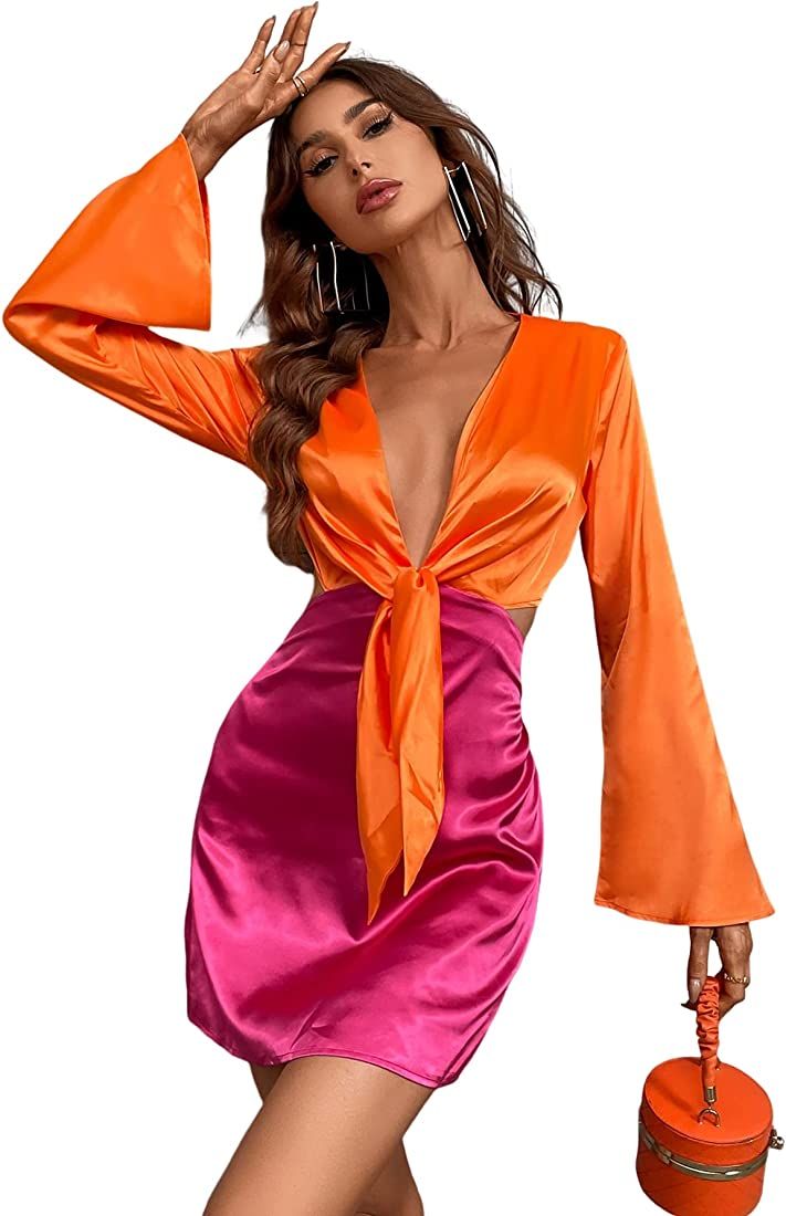 WDIRARA Women's Colorblock Cut Out Deep V Neck Tie Front Long Sleeve Sexy Mini Dress | Amazon (US)
