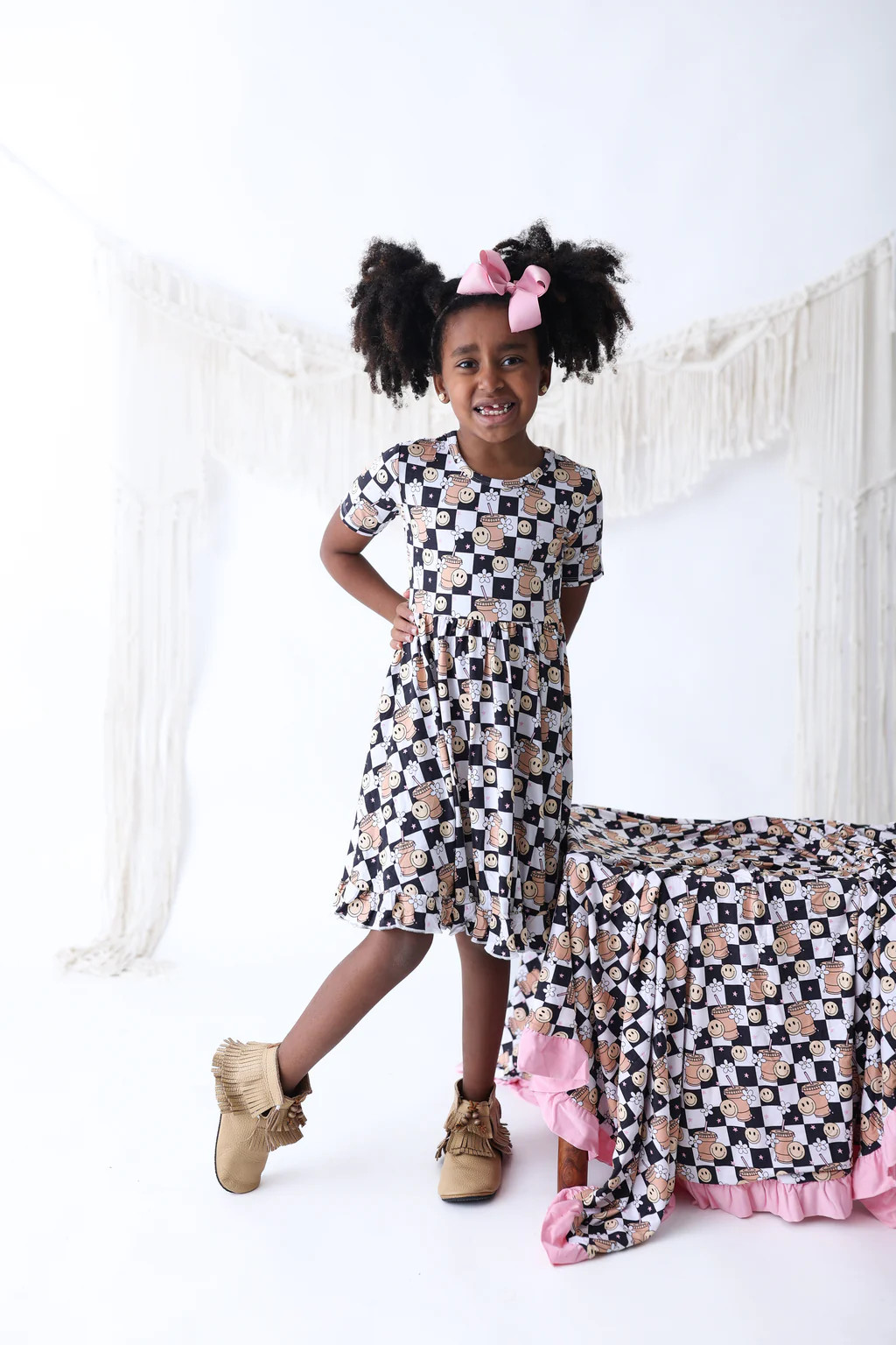 SMILEY CUP OF CHECKERS DREAM RUFFLE DRESS | Dream Big Little Co.