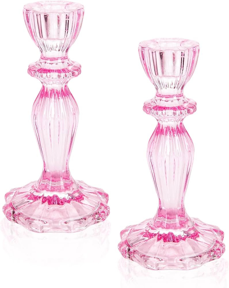 Glass Candle Holders, 2PCS Decorative Candle Stand Wide Base Candlestick Holder Table Centerpiece... | Amazon (US)
