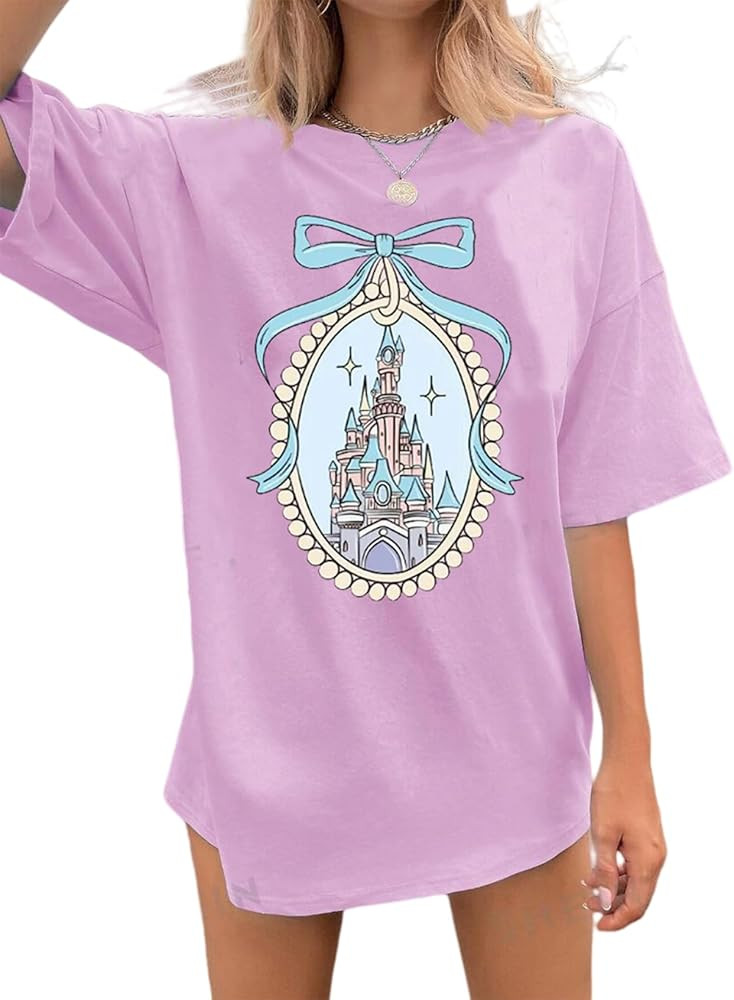 jusgai Magic Kingdom Tshirts for Women Cute Castle Shirt Oversized Bows Graphic Tee Family Vacati... | Amazon (US)