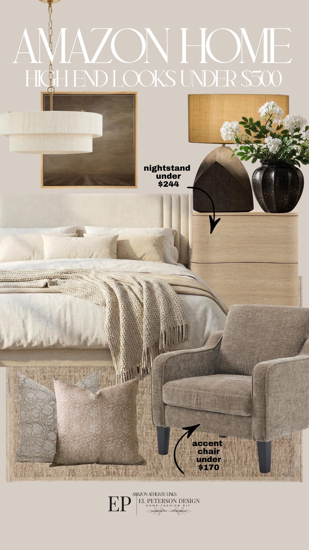 Amazon
Upholstered bed
Nighstand
Accent chair
Pillows
Artwork
Pendant light
Table lamp
Vase

#LTKHome