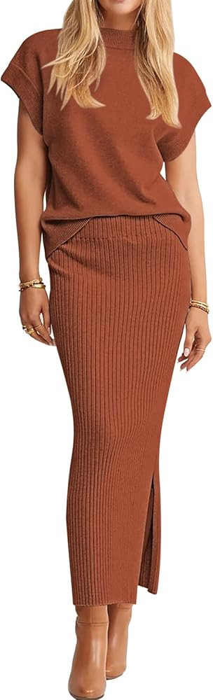 Pink Queen Women's 2 Piece Sweater Outfits Set Summer Cap Sleeve Tops Bodycon Maxi Long Skirt Kni... | Amazon (US)