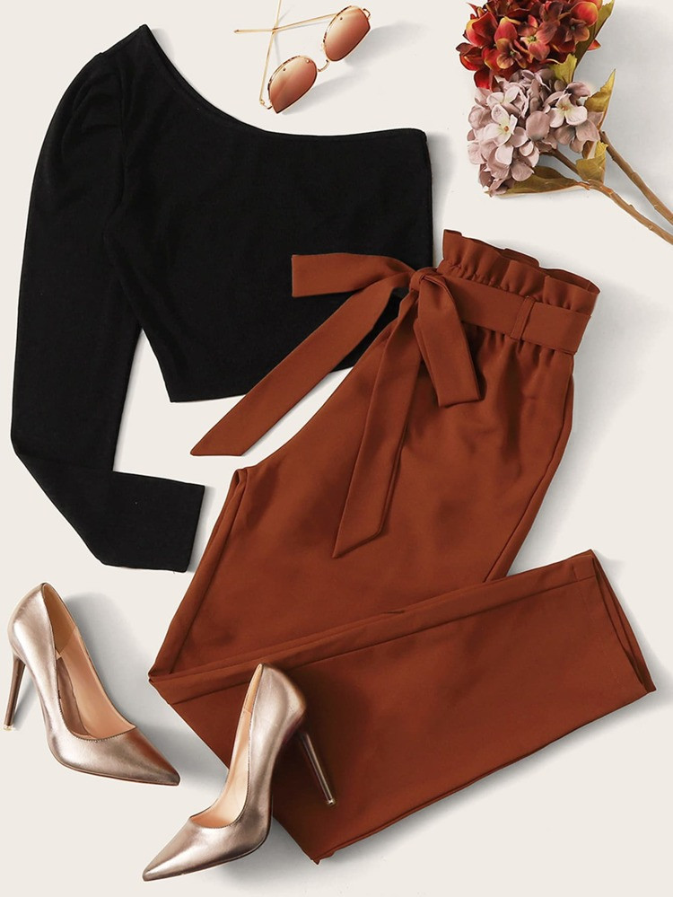 SHEIN Plus One Shoulder Top & Paperbag Waist Belted Pants | SHEIN