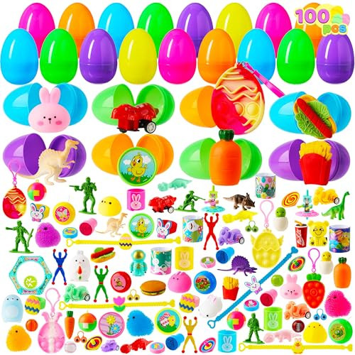 JOYIN 100 PCS Prefilled Easter Eggs with Assorted Toys Plus Stickers Inside, Plastic Eggs for Kids Hunt, Basket Stuffers Fillers, Party Favors, Classroom Prize Supplies | Amazon (US)
