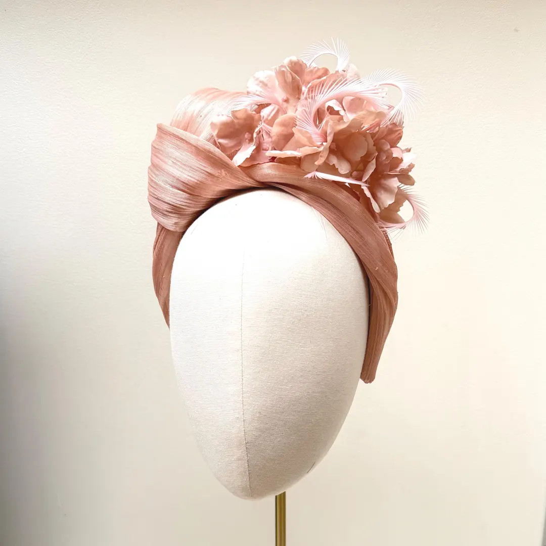 Pink Blush Fascinator Feather Flower Silk Abaca Turban Knot Headband for Weddings and Races - Ets... | Etsy (Global)