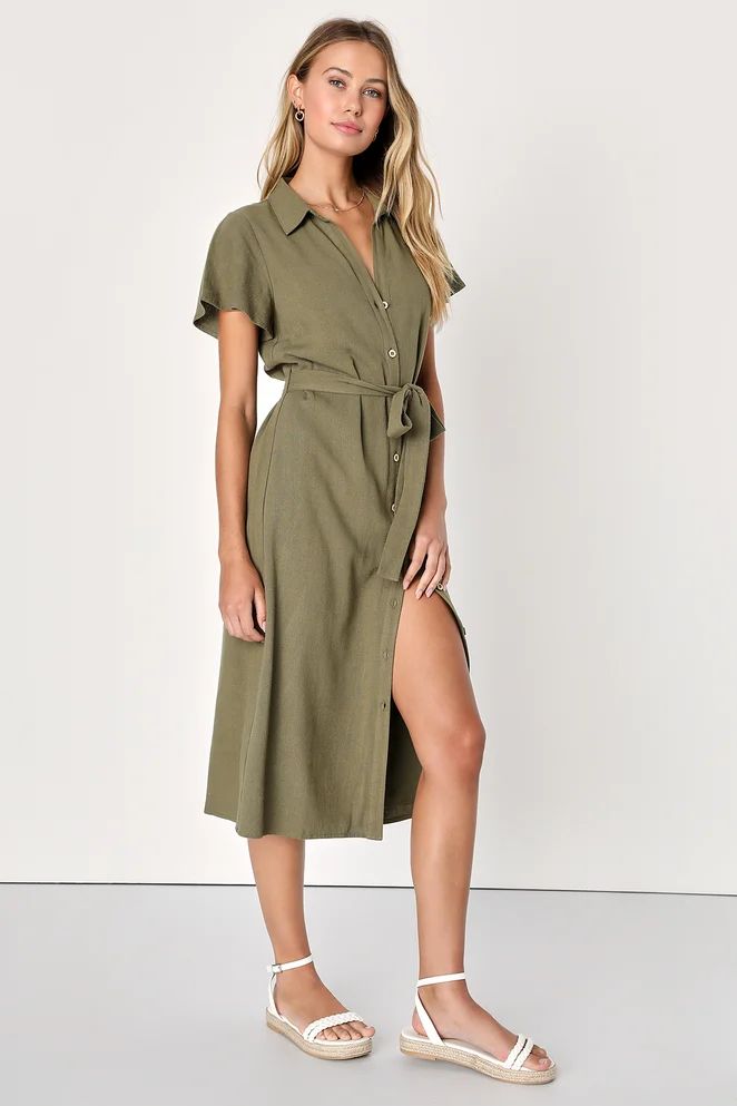 Italian Summer Olive Green Linen Button-Up Short Sleeve Dress | Lulus