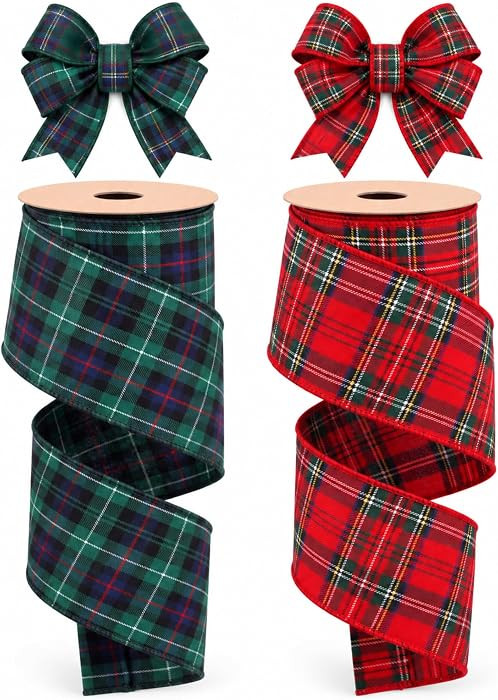 Lyrow 2 Rolls Christmas Tartan Wired Ribbon, 6.5 Yard Red Green 2.4 Inch | Amazon (US)