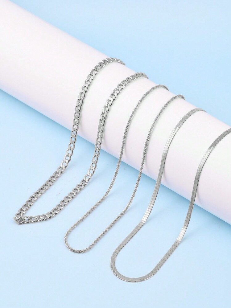 3pcs Anti-Fade 316L Stainless Steel Necklace Chain Set: NK Chain + Cabbage Chain + Knife Blade Ch... | SHEIN