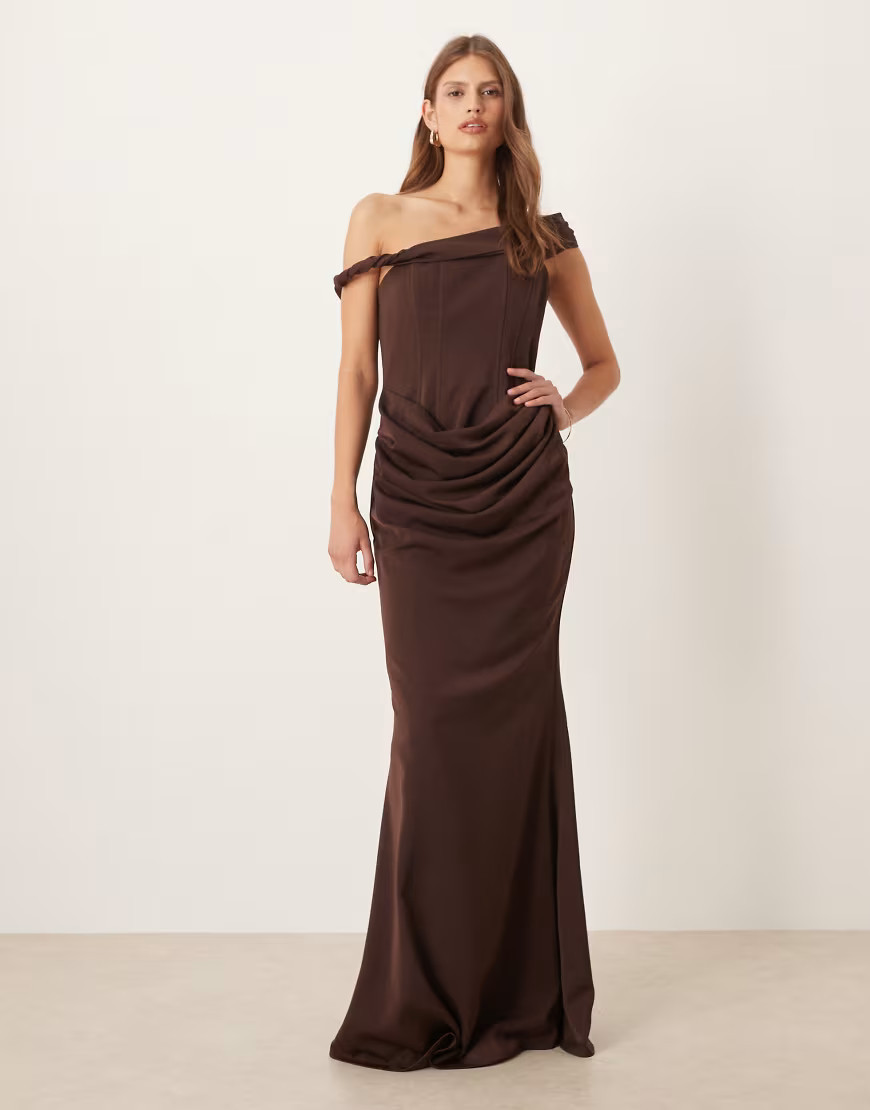 Six Stories twist strap boned corset maxi dress in chocolate-Brown | ASOS (Global)
