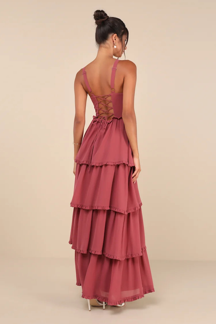 Sophisticated Occasion Rusty Rose Bustier Lace-Up Maxi Dress | Lulus