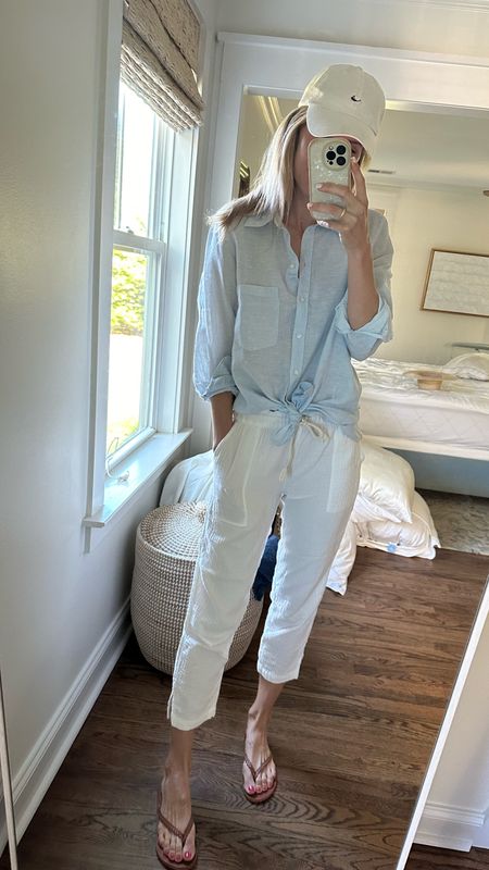Outfit for a morning boat ride. I size up 1-2 sizes in this linen shirt and use it as a coverup all the time! It’s a great, casual top that I pair with white denim too. 

Linen pants are older Madewell, but I linked another pair that I also have and love

#LTKSeasonal #LTKswim #LTKfindsunder50