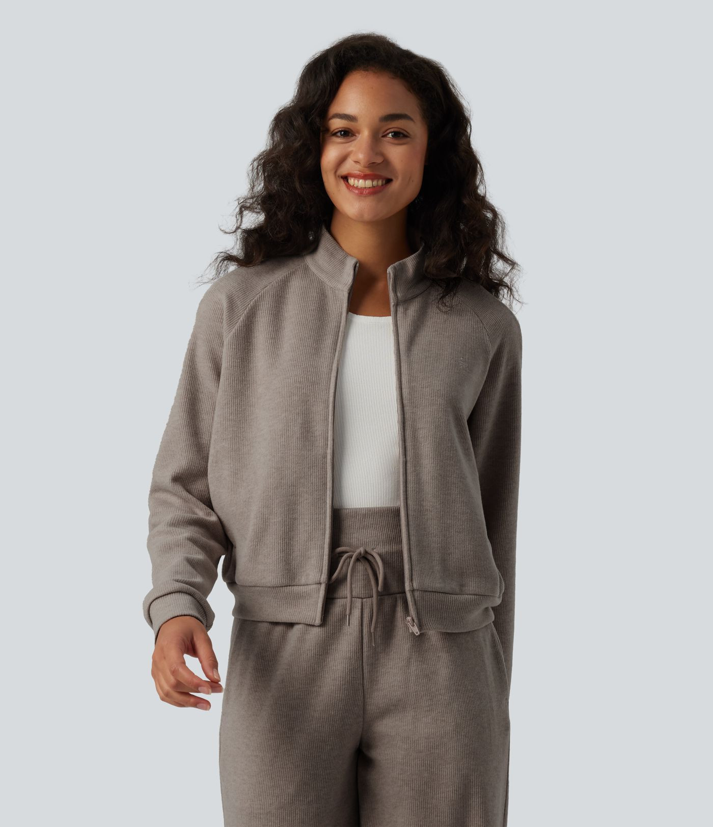 Women’s Ribbed Stand Collar Long Sleeve Zipper Casual Jacket with Pockets - Halara | HALARA