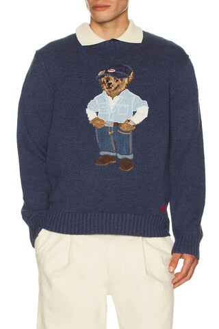 Polo Ralph Lauren Polo Bear Linen-Cotton Sweater in Navy | FWRD 