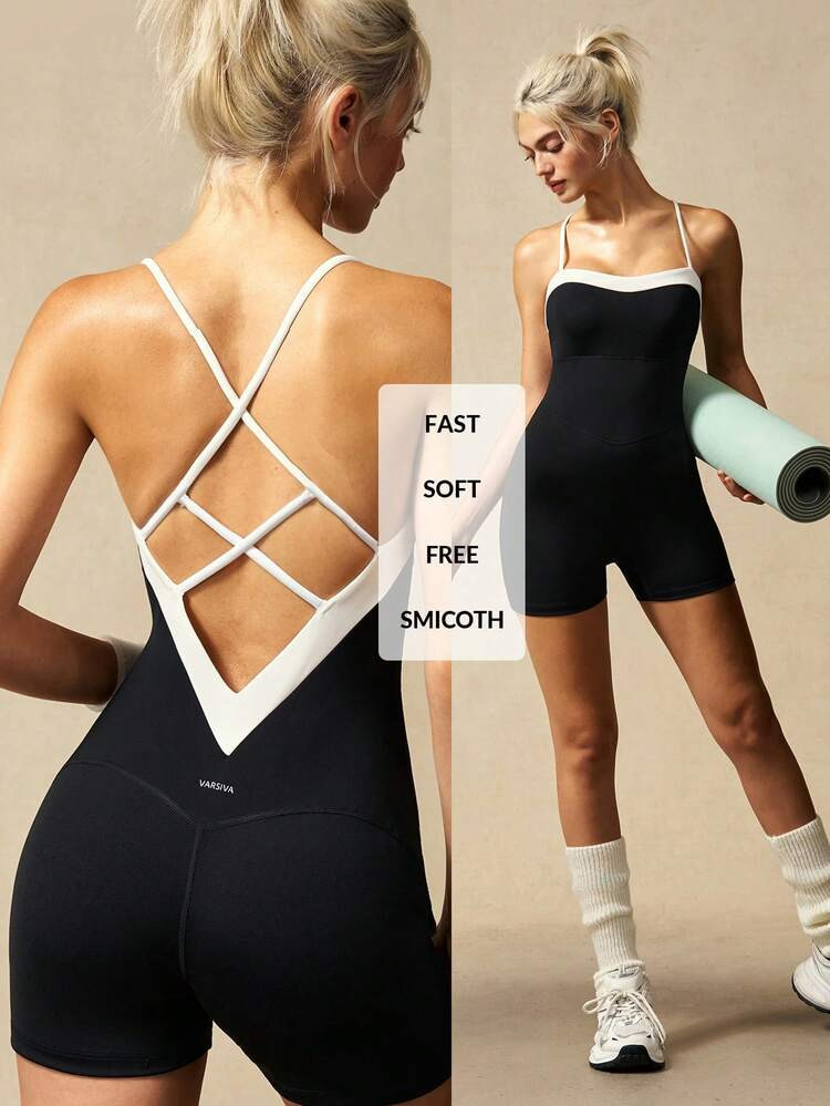 VARSIVA Women's Summer Contrast Color Criss-Cross Backless Romper Sports Romper | SHEIN