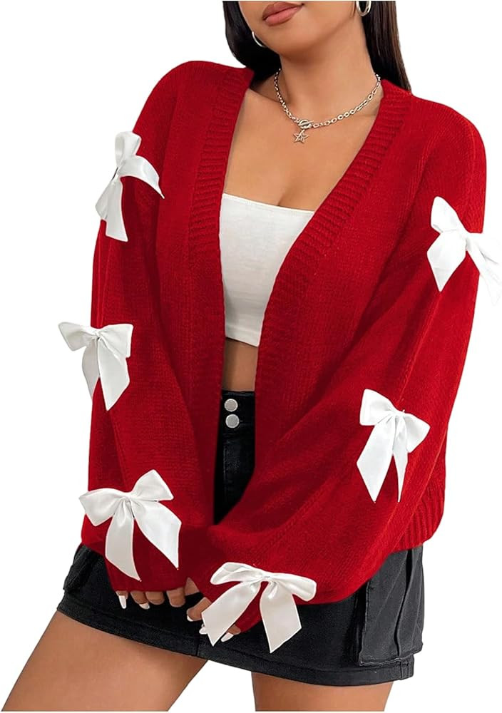 Women's Plus Size Bow Cardigan Sweater Open Front Long Sleeve Drop Shoulder Sweaters Knitted Card... | Amazon (US)