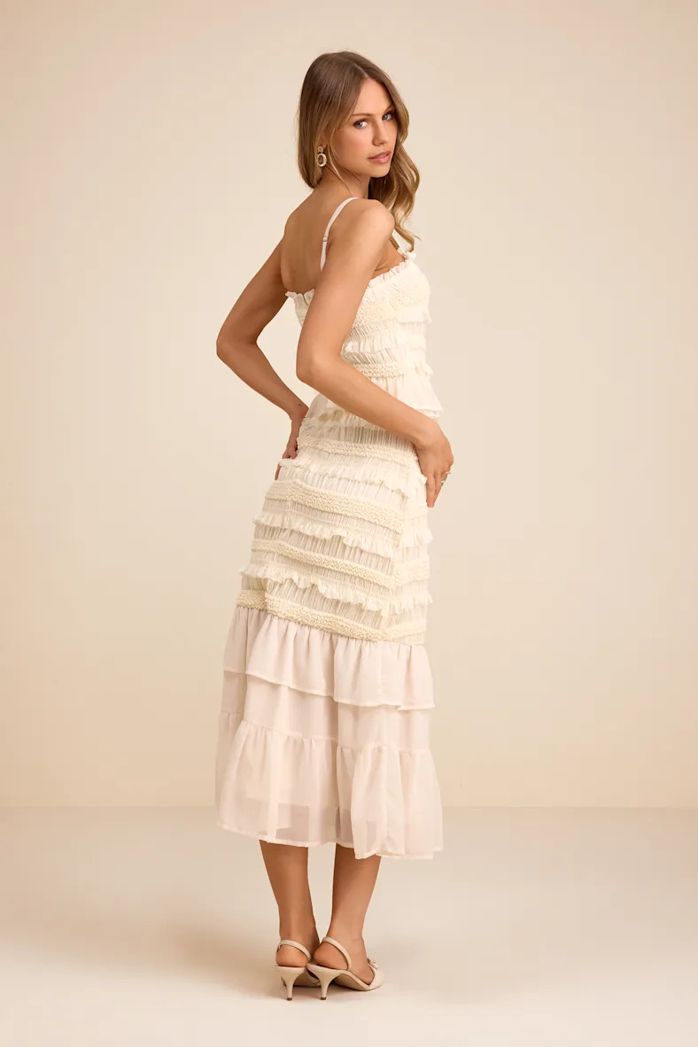 Harley Cream Smocked Ruffled Midi Dress | Lulus