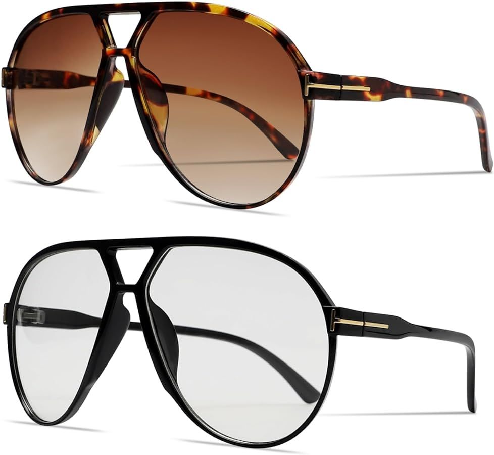 Retro Aviator Sunglasses for Women Men Oversized Classic 70s Vintage Trendy Tangle Free Square Av... | Amazon (US)