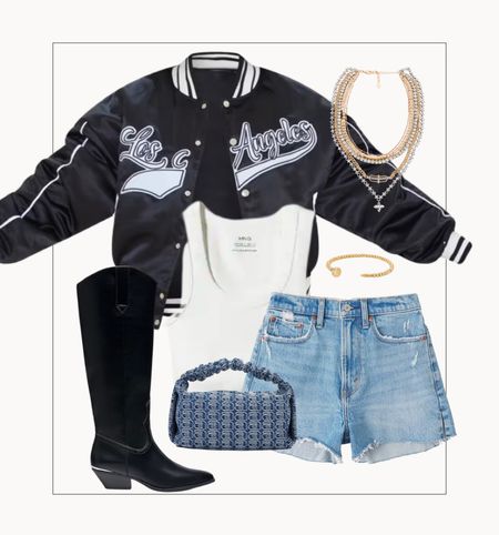 This spring outfit can double as a country concert outfit! This bomber is 50% off on PLT. 

bomber jacket l varsity jacket l jacket l jean shorts l denim shorts l white tank l black boots l country concert l spring outfit 

#LTKSeasonal