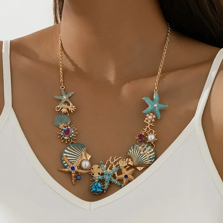 ievspot  Exaggerated Women Necklace Ocean Theme Starfish Coral Shell Faux Pearl Rhinestone Decor ... | Walmart (US)