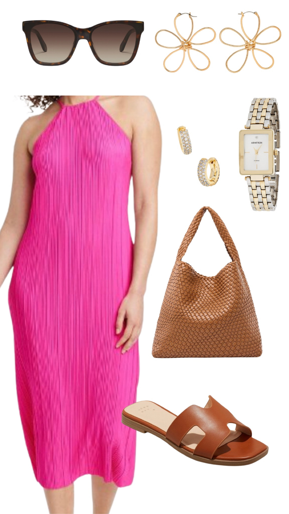winery outfit, target style, wedding guest dress, casual outfit, date night outfit, pink midi dress, gold jewelry, target dress, target sandals, brown sandals, amazon braided tote, amazon purse, mixed metal watch, Kendra Scott Huggies, statement earrings, quay sunglasses, brown sunglasses, ootd, spring fashion, summer fashionn

#LTKfindsunder50 #LTKwedding #LTKSeasonal