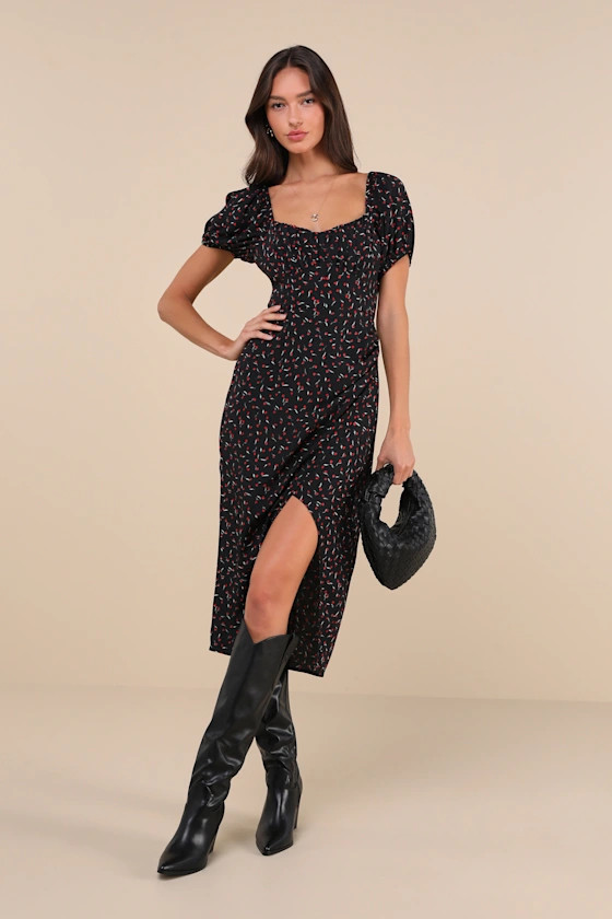 Compelling Flirt Black Floral Lace-Up Puff Sleeve Midi Dress | Lulus