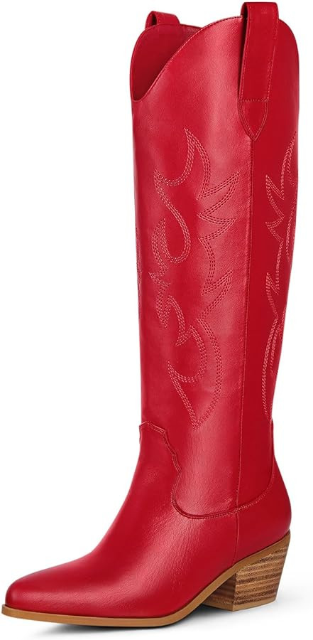 Ouepiano Cowboy Boots for Women Knee High Wide Calf Cowgirl Boots Embroidered Chunky Heels Pointe... | Amazon (US)