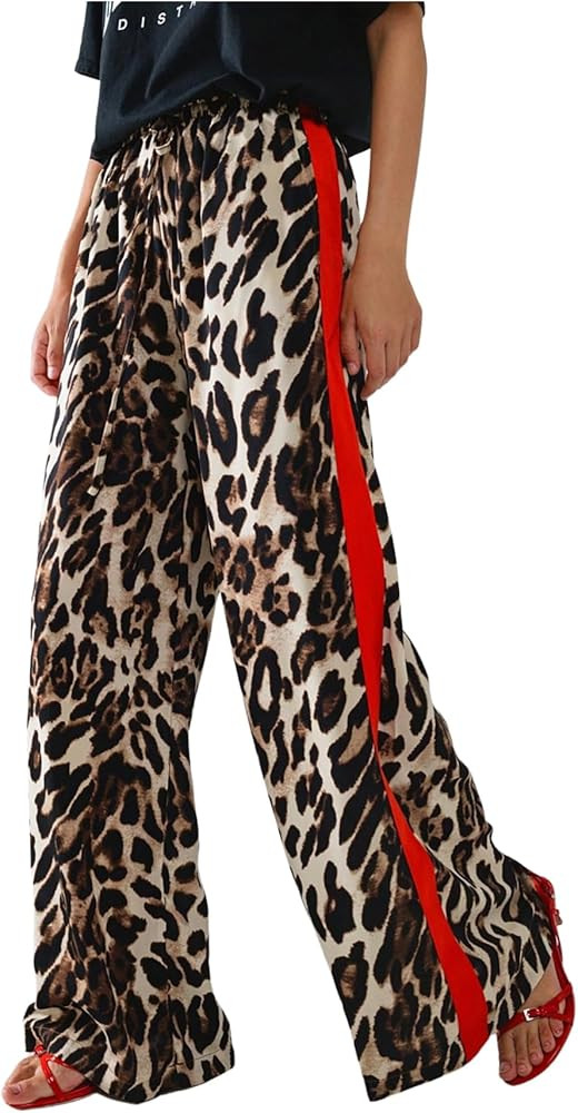 COZYEASE Women's Leopard Print Wide Leg Pants Cheetah Drawstring Waist Color Block Long Trousers | Amazon (US)