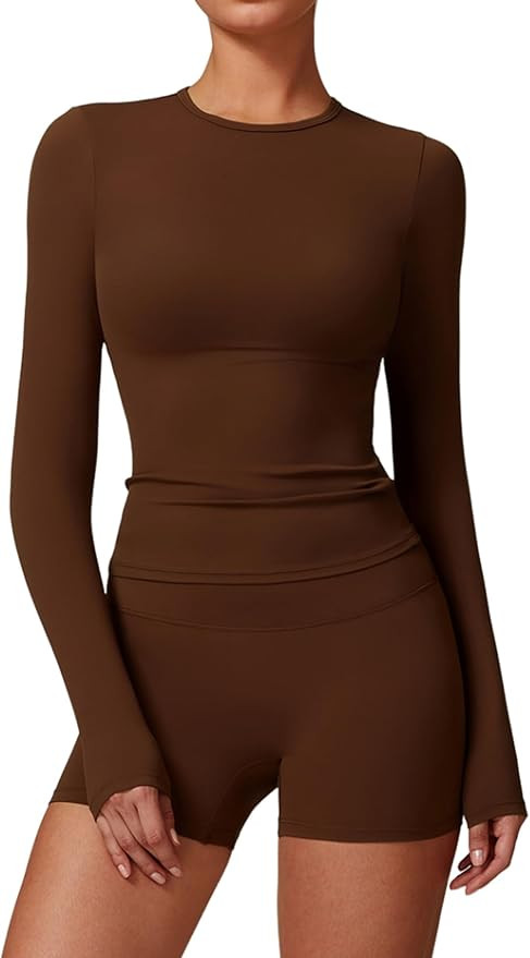 Womens Workout Sets Two Piece Long Sleeve Top Matching High Waist Shorts Sets Fall Winter Gym Wor... | Amazon (US)