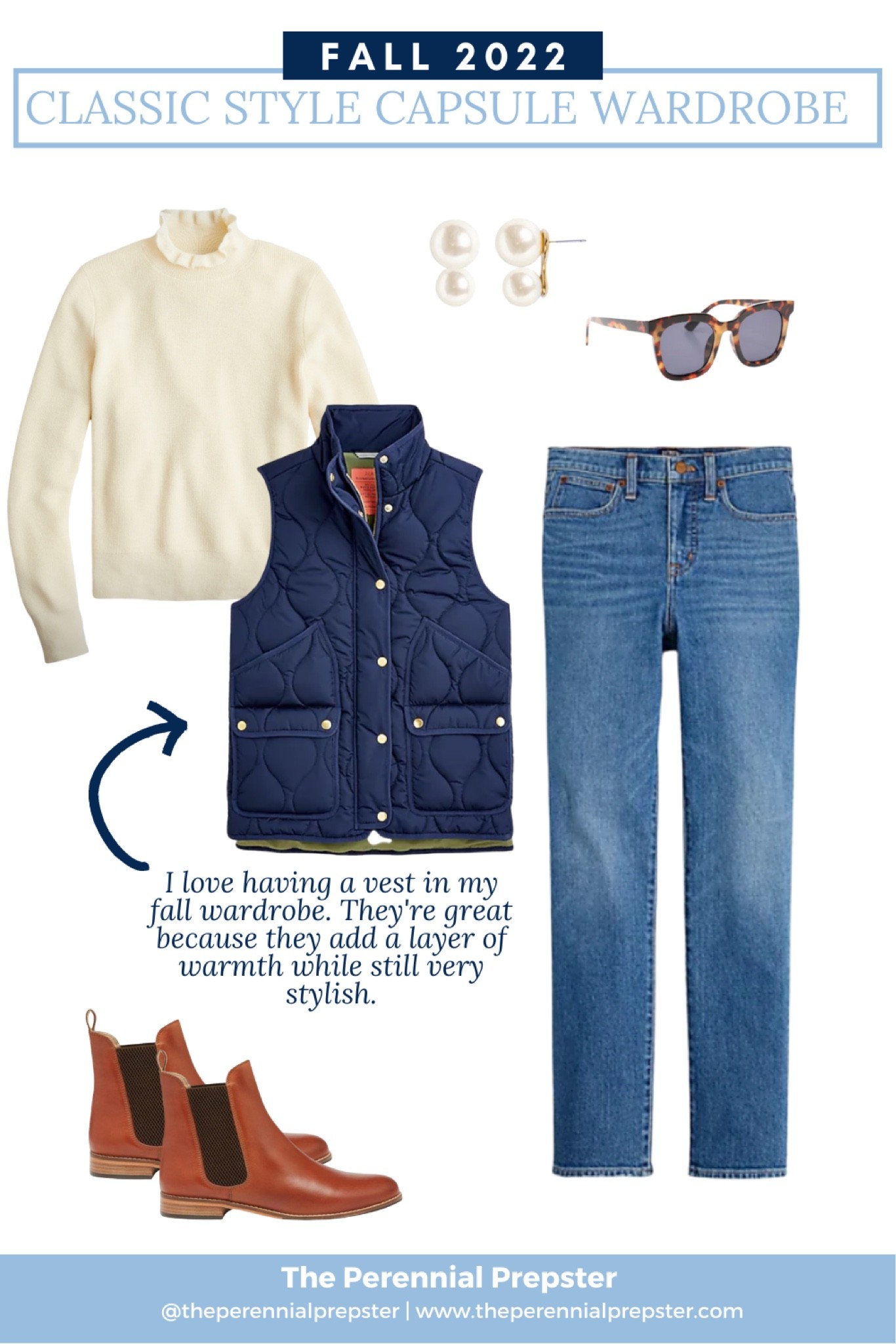 Classic style fall outfit idea / fall outfit inspo / quilted vest / cream turtleneck sweater / JCrew / increw / classic timeless style / preppy style / capsule wardrobe 

#LTKstyletip #LTKSeasonal